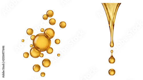 Golden oil droplets and bubbles on a transparent background, with a clustered group of spheres at left and a vertical pouring droplet and drops at right