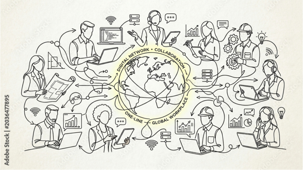 Obraz premium Global Workplace Collaboration Network – Continuous One Line Globe Illustration