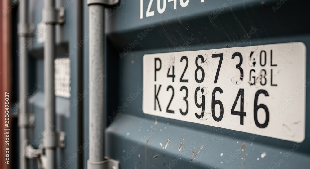Obraz premium Extreme close-up of a shipping container's identification plate with numerical and alphabetical markings