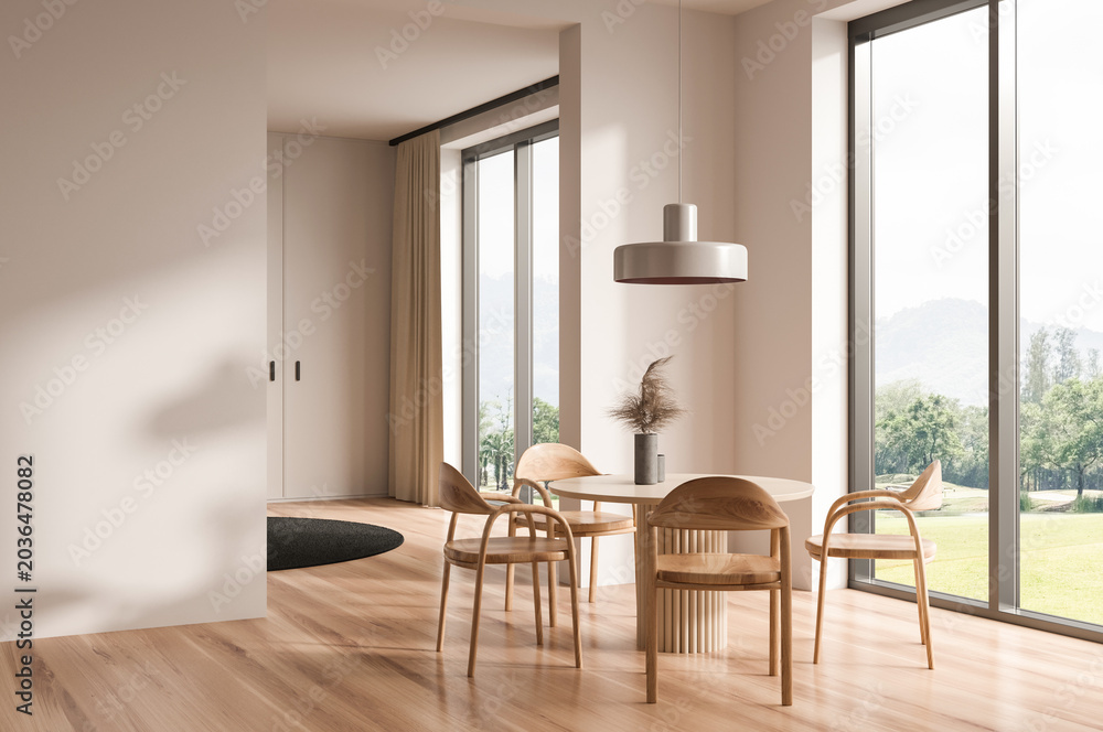 Fototapeta premium Minimalist interior dining space with wooden chairs and table in clean modern style on bright lit background, concept of calm design 3D Rendering
