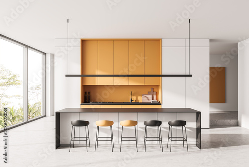 Fotografie Minimalist kitchen interior with orange cabinets in modern rendering style on br