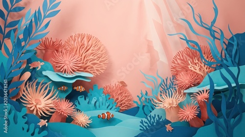 underwater paper art scene with coral anemones and sea creatures on soft pink background.
