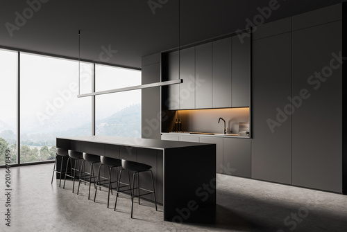 Photos Modern kitchen interior design with sleek island and tall cabinets in minimal st