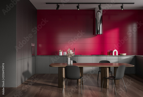 Obraz na płótnie Contemporary kitchen interior with red tiled wall and minimalist furnishings in