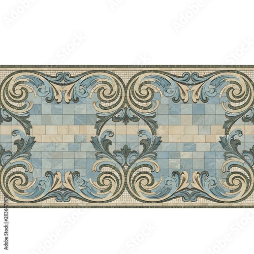 Serene Blue Mosaic & Scrollwork: A Decorative Border