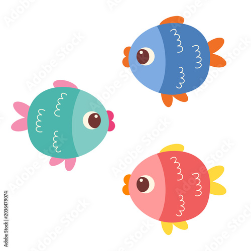 Set of three colorful cartoon fish isolated on white background