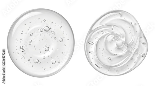 Two clear transparent gel swatches with bubbles and swirl textures on a transparent background