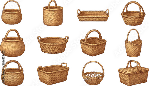 Foto Wicker basket collection set, empty woven bamboo hampers, picnic basket vector i