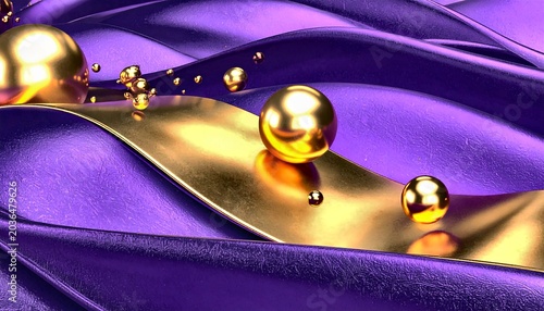 Shiny Gold Spheres on Wavy Purple and Golden Fabric Backdrop