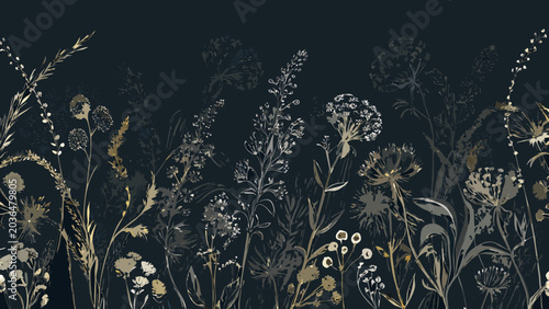 Fotografía A dense arrangement of wildflowers and grasses is depicted in a dark toned vecto