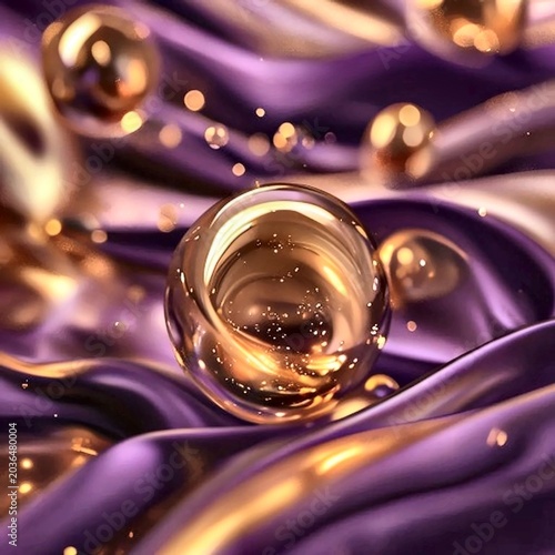 Golden Spheres and Glitter on Flowing Purple Silk Fabric