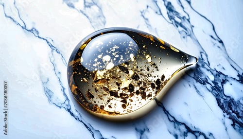 Elongated Golden Liquid with Particles on Blue Veined Marble