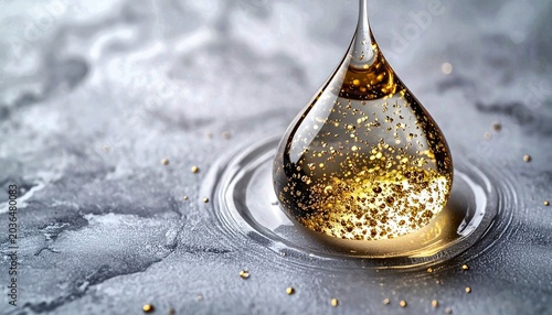 Shimmering Golden Drop on Textured Marble with Gold Dust