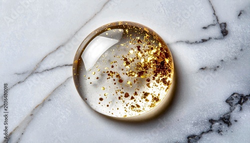 Clear Golden Sphere with Particles on White Marble