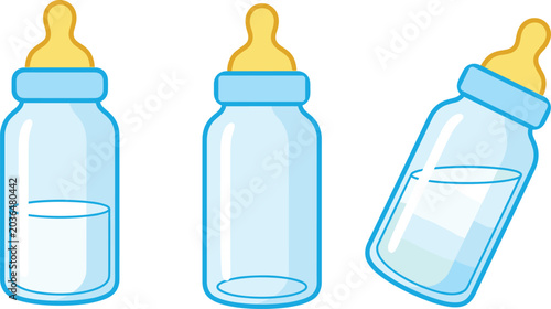 Foto Cartoon baby feeding bottles with milk set vector illustration isolated on white