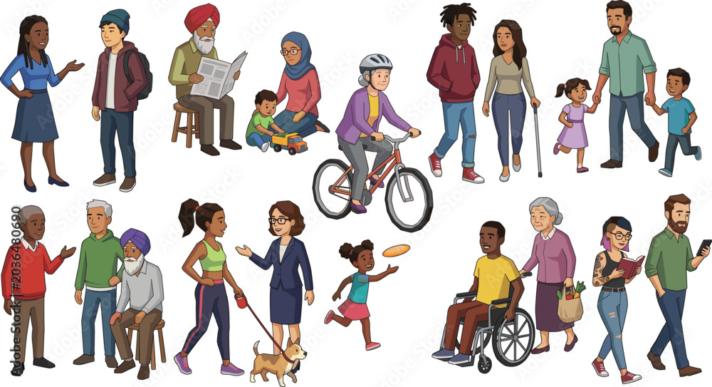 Fototapeta premium Diverse cartoon people vector set, inclusive community characters walking cycling reading wheelchair illustration collection