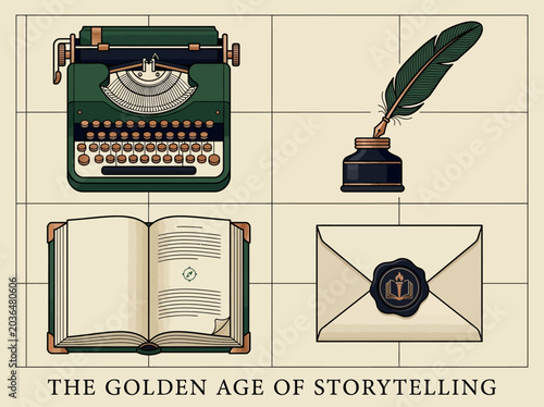 Bild auf Leinwand Vintage Writing and Literature Illustration Set featuring Typewriter, Quill Pen,