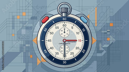 Bild auf Leinwand Professional Chronograph Stopwatch Illustration on a Technical Blueprint Background with Mathematical Equations for Time Management, Engineering, and Scientific Research Concepts