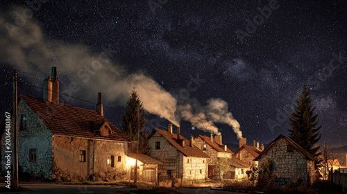 Rustic village houses with warm lights and smoking chimneys under a brilliant starry night sky