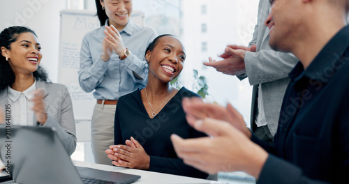 Fotografie Business, woman and staff in office with applause for good news, congratulations and bonus success