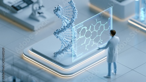 Isometric view focused on a molecular helix graphic beside a researcher avatar manipulating virtual drug compounds set in a sterile lab with polished commercial style and high