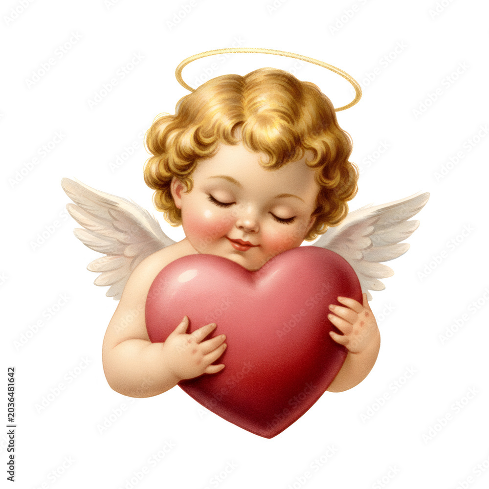Fototapeta premium Adorable baby angel or cherub holding a pink heart illustration on a white background. Cute cupid with golden halo and wings, eyes closed in contentment