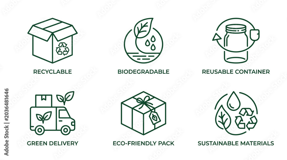 Obraz premium Collection of eco-friendly packaging and sustainable delivery icons representing environmental responsibility and green logistics solutions for modern businesses