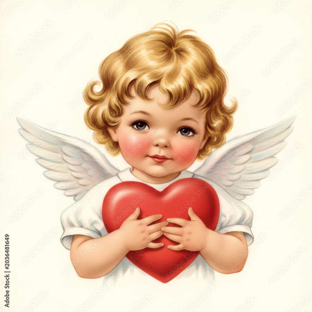 Fototapeta premium Cute blonde child angel holding red heart. Vintage style illustration of angelic baby for Valentine day greeting card. Symbol of love, innocence and religious celebration of holidays.