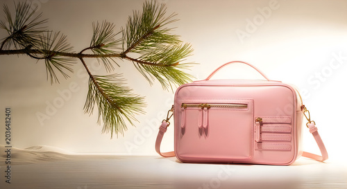 Pink modern handbag with gold accents, top handle, and pine branch on light studio background.