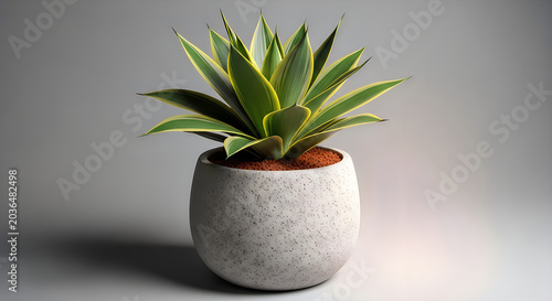 Potted Agave Succulent with Variegated Leaves in a Round Speckled Ceramic Pot.
