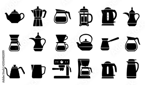 Photos Coffee Pot and Tea Pot Black Silhouette Icon Set with Kitchen Coffee Maker Vecto