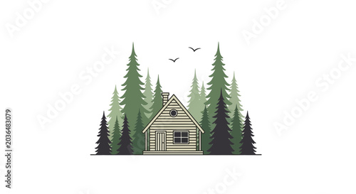 Foto Cozy Wooden Cabin in Pine Forest with Birds Flying Overhead