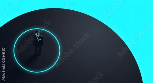 Modern abstract image of a professional silhouette standing inside a bright neon blue circle, representing personal boundaries, security, or spotlight.