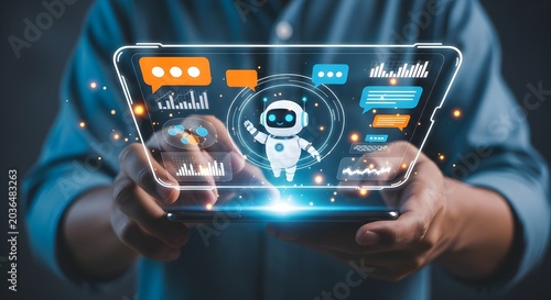 Person holding a futuristic tablet displaying a chatbot interface with AI robot, chat bubbles, and data graphs