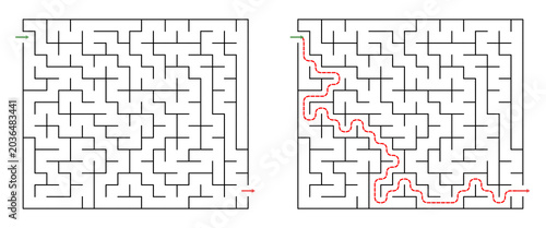Maze graphic with two paths highlighted, one in red and one in green