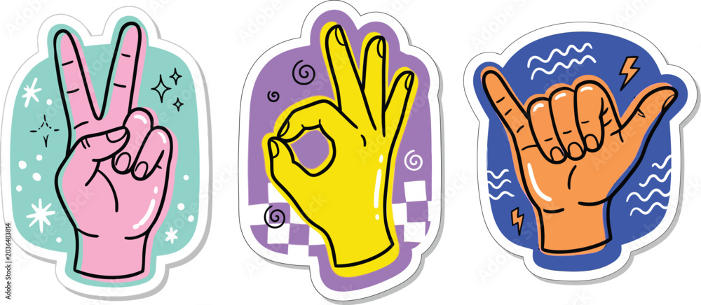 Fototapeta premium Finger emoji sticker style with an editable stroke. Color OK hand sign cartoon emoji sticker symbol of approval, success, and agreement.
