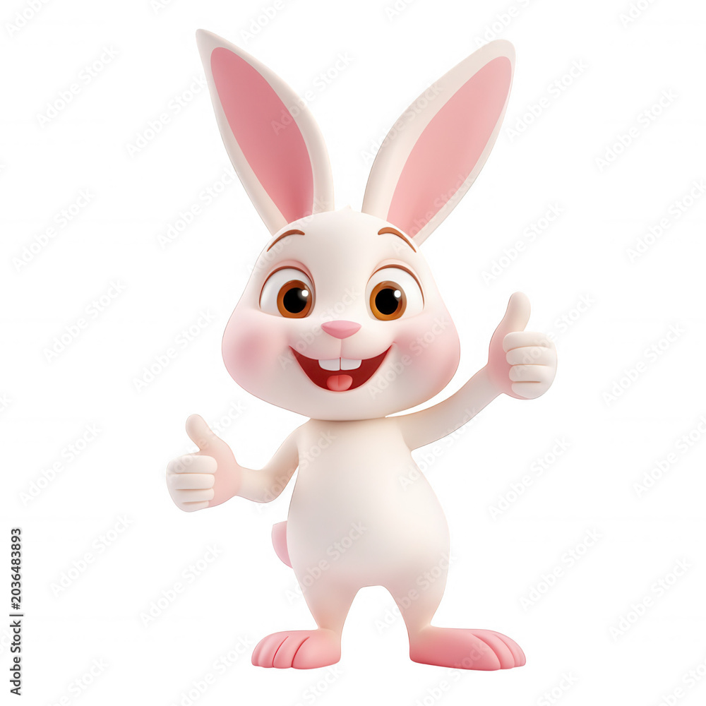 Obraz premium White bunny character standing, smiling, giving thumbs up, expressing agreement and success with transparency
