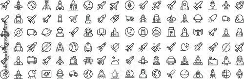 фотографія A collection of outline icons representing various space exploration and travel elements, including rockets, planets, astronauts, and satellites, arranged in a grid