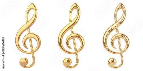 Three golden treble clef musical symbols isolated on transparent background