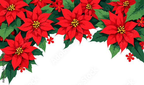 Festive poinsettia top border with red Christmas flowers and green leaves, decorative holiday floral illustration with copy space