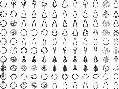 A collection of stylized tree icons in various forms, showcasing both plan and elevation views with simple line art for architectural and landscape design use.