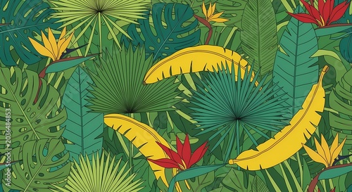 Vibrant Tropical Jungle Foliage with Exotic Flowers and Banana Leaves Seamless Pattern