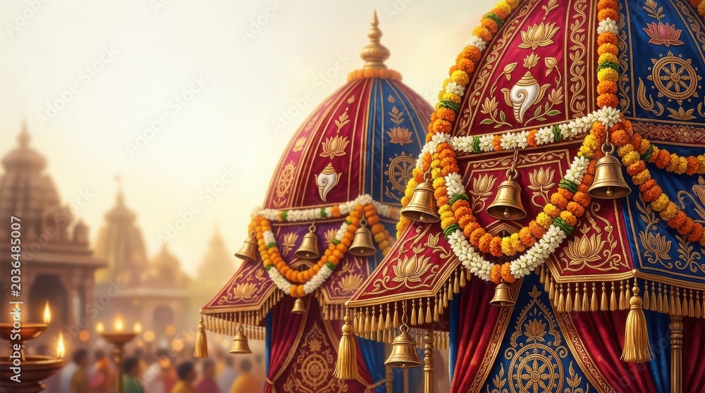 Fototapeta premium Close up of ornate ratha yatra chariot decorations with bells and flowers.