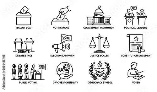 Political system monoline icon set election democracy civic participation vector outline collection