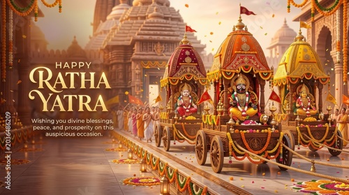 Religious ratha yatra festival celebration with grand chariots and crowd of devotees visiting temple during auspicious ceremony.