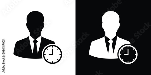 Tableau sur toile Businessman avatar profile icon with a clock, representing punctuality, time management, schedule tracking, work hours, and deadline vector sign