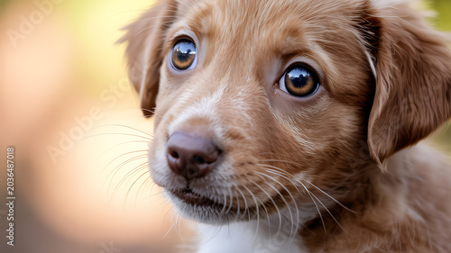 Adorable Puppy Close-up Portrait with Big Expressive Eyes and Warm Fur, Looking Up with Curiosity