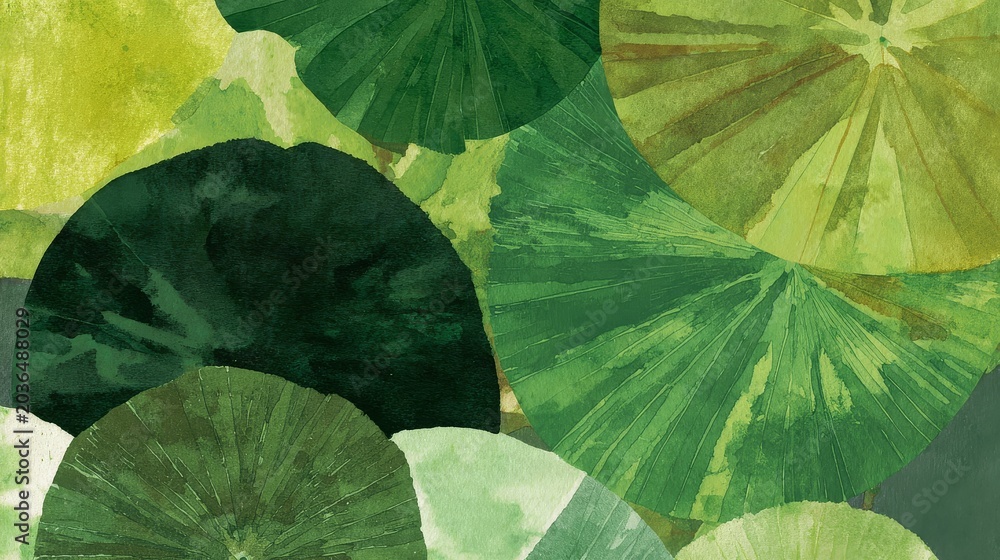 Obraz premium Abstract garden watercolor background with fresh green vegetation shapes and delicate organic washes