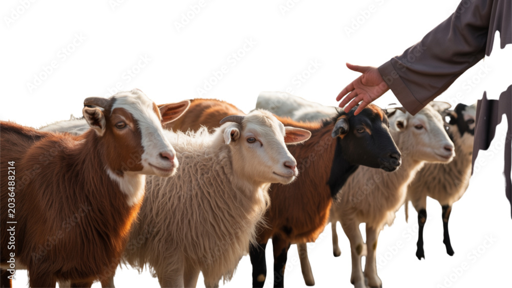 Obraz premium Group of sheep grazing in a natural outdoor setting with a person herding Vector