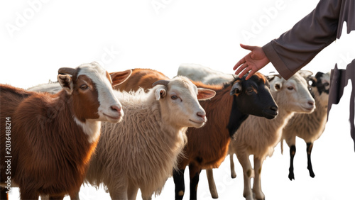 Vászonkép Group of sheep grazing in a natural outdoor setting with a person herding Vector